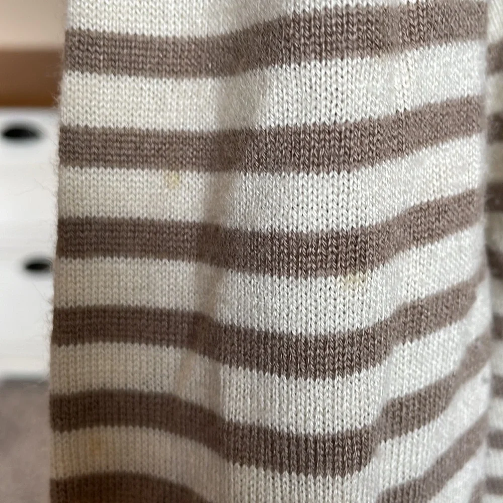 For Cynthia tan and brown striped cardigan with cinched back detail w/ pockets M
